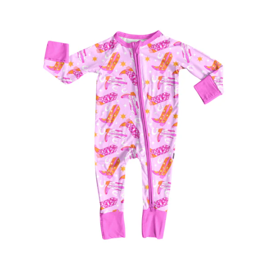 7.10 Preorder (moq 5)Baby Girls Long Sleeves Pink Boots Stars Plaid Zipper Romper