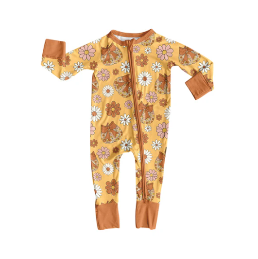 7.10 Preorder (moq 5)Baby Girls Long Sleeves Khaki Bows Pumpkins Daisy Plaid Zipper Romper