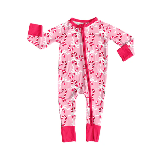 7.10 Preorder (moq 5)Baby Girls Long Sleeves Pink Bows Candy Cane Plaid Zipper Romper