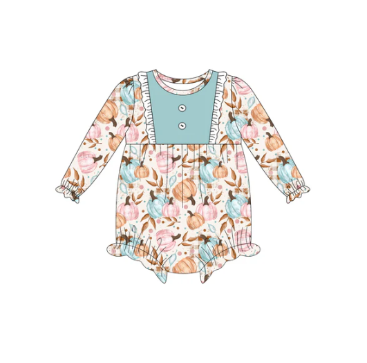 7.10 Preorder (moq 5)Baby Girls Long Sleeves Button Colorful Pumpkins Plaid Ruffle Romper