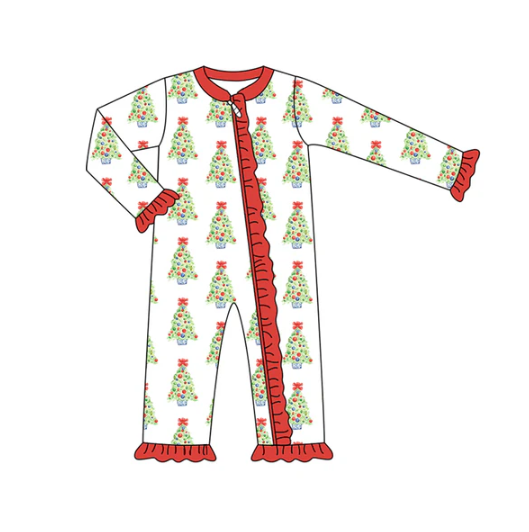 7.10 Preorder (moq 5)Baby Girls Long Sleeves Red Bows Trees Plaid Ruffle Zipper Romper