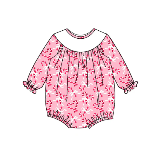 7.10 Preorder (moq 5)Baby Girls Long Sleeves Pink Bows Candy Cane Plaid Ruffle Romper