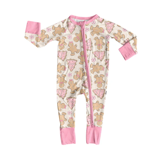 7.10 Preorder (moq 5)Baby Girls Long Sleeves Pink Bows Gingerbread Trees Zipper Pant Romper