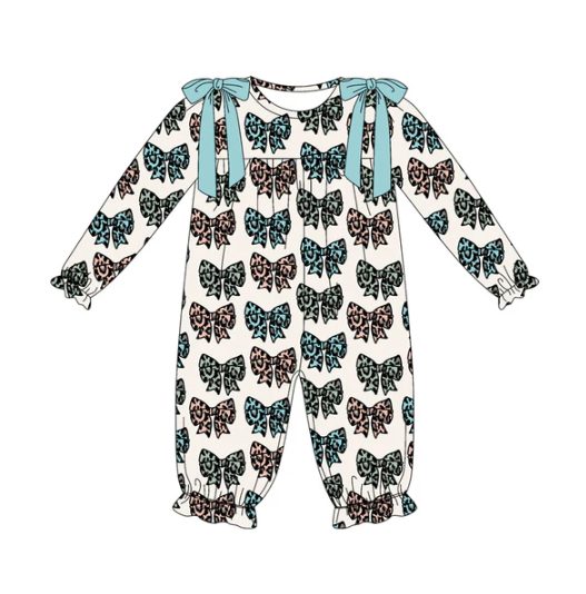 7.10  Preorder (moq 5)Baby Girls Long Sleeves Colorful Leopard Bows Plaid Ruffle Pant Romper