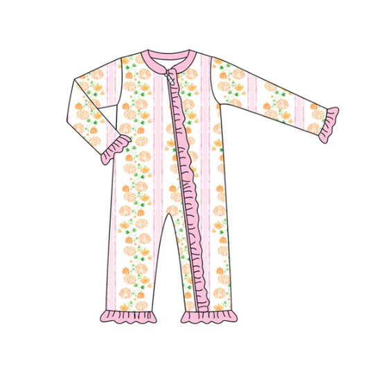 7.10 Preorder (moq 5)Baby Girls Long Sleeves Pumpkins Stripes Ruffle Zipper Romper