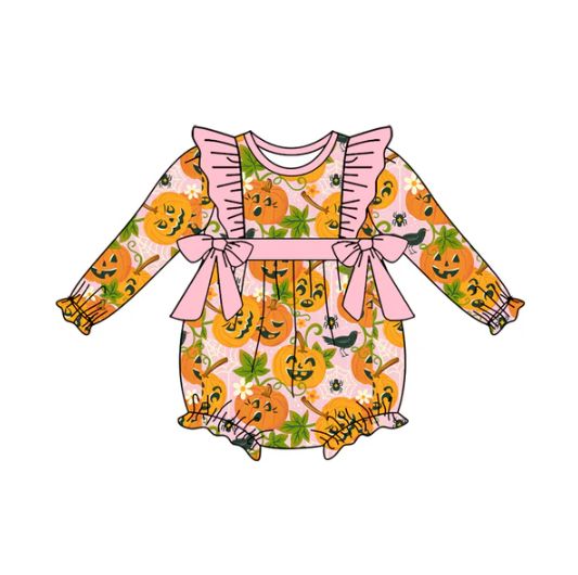7.10 Preorder (moq 5)Baby Girls Long Sleeves Ghost Pumpkins Floral Bows Ruffle Romper