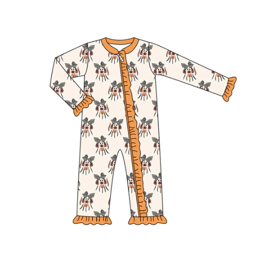 7.10 Preorder (moq 5)Baby Girls Long Sleeves Bows Dogs Plaid Ruffle Zipper Pant Romper