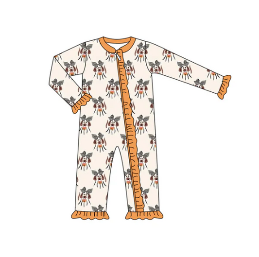 7.10 Preorder (moq 5)Baby Girls Long Sleeves Bows Dogs Plaid Ruffle Zipper Pant Romper