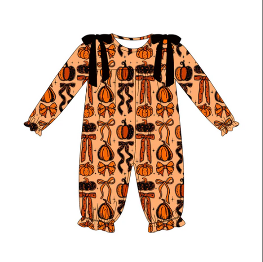 7.10 Preorder (moq 5)Baby Girls Long Sleeves Pumpkins Bows Plaid Ruffle Pant Romper