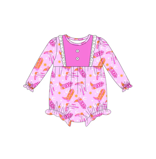 7.10 Preorder (moq 5)Baby Girls Long Sleeves Pink Boots Stars Button Ruffle Romper