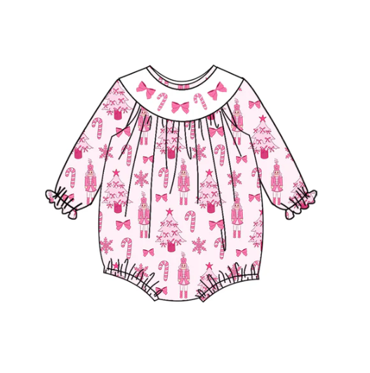 7.10 Preorder (moq 5)Baby Girls Long Sleeves Pink Trees Soldiers Bows Ruffle Romper