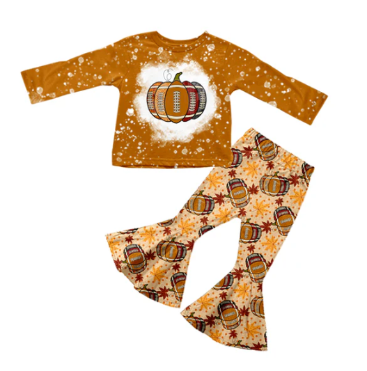 7.11 Preorder (moq 5)Baby Girls Long Sleeves Football Pumpkins Top Bell Bottom Pant Set