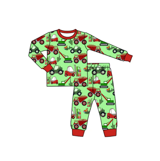 7.11 Preorder (moq 5)Baby Boys Long Sleeves Excavators Plaid Top Pant Pajamas Set