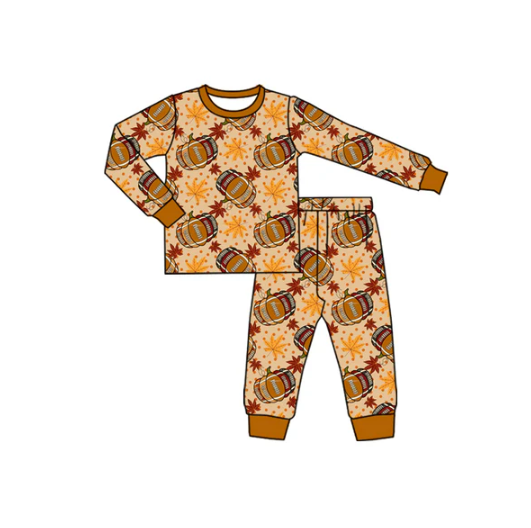 7.11 Preorder (moq 5)Baby Boys Long Sleeves Football Pumpkins Leaves Top Pant Pajamas Set