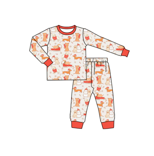 7.11 Preorder (moq 5)Baby Boys Hot Pink Long Sleeves Snowman Dogs Top Pant Pajamas Set