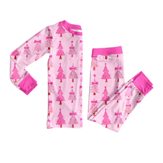 7.11 Preorder (moq 5)Baby Girls Hot Pink Long Sleeves Christmas Trees Plaid Top Pant Pajamas Set