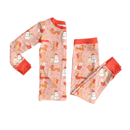7.11  Preorder (moq 5)Baby Girls Peach Long Sleeves Snowman Dogs Top Pant Pajamas Set