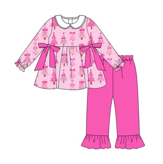 7.11  Preorder (moq 5)Baby Girls Hot Pink Long Ruffle Sleeves Christmas Trees Bows Tunic Pant Set