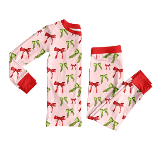 7.11  Preorder (moq 5)Baby Girls Long Sleeves Red Green Bows Plaid Top Pants Pajamas Set