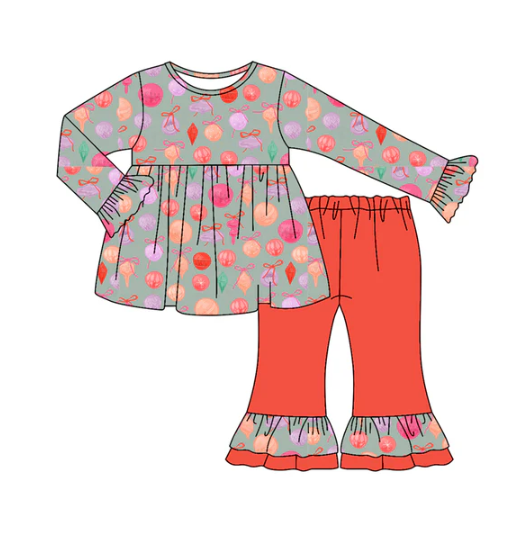 7.11 Preorder (moq 5)Baby Girls Long Ruffle Sleeves Lights Bows Plaid Tunic Flare Pants Set