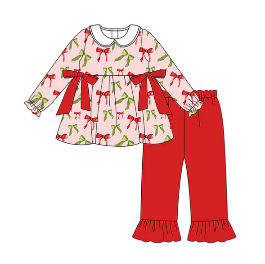 7.11 Preorder (moq 5)Baby Girls Long Sleeves Red Green Bows Plaid Tunic Ruffle Pants Set