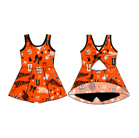 7.11 Preorder (moq 5)Baby Girls Sleeveless Orange u Eagles Football Team Shorts Team Dresses