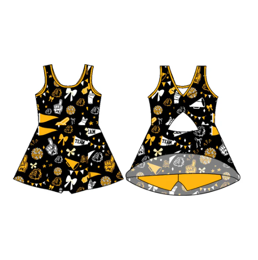 7.11 Preorder (moq 5)Baby Girls Sleeveless Black Gold Dogs Football Team Shorts Team Dresses