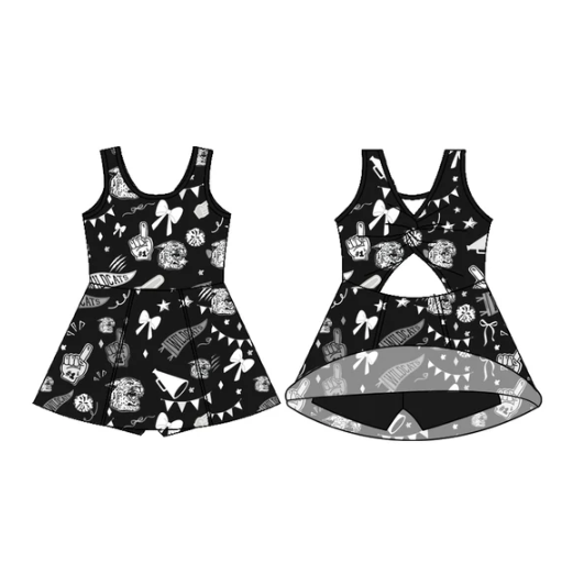 7.11 Preorder (moq 5)Baby Girls Sleeveless Black Wildcats Football Team Shorts Team Dresses