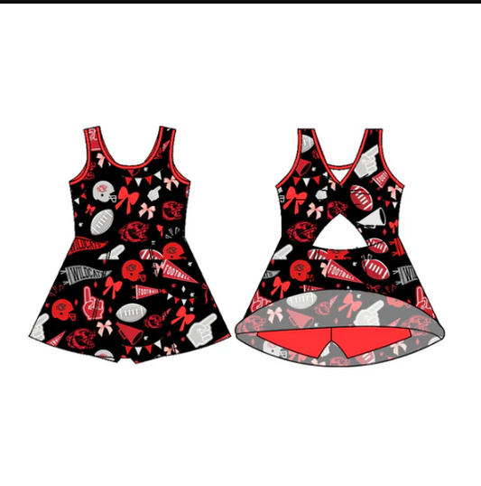 7.11 Preorder (moq 5)Baby Girls Sleeveless Black Red Football Team Shorts Team Dresses