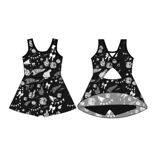 7.11 Preorder (moq 5)Baby Girls Sleeveless Black Wildcats Bows Shorts Team Dresses