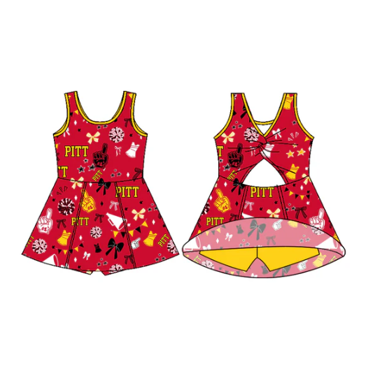 7.11 Preorder (moq 5)Baby Girls Sleeveless Red PITT Bows Shorts Team Dresses