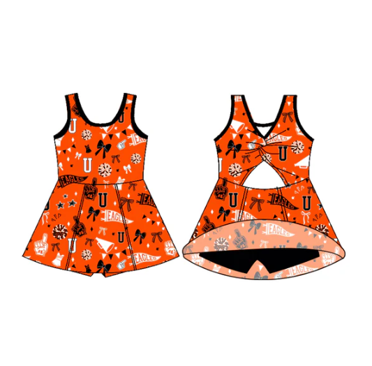 7.11 Preorder (moq 5)Baby Girls Sleeveless Orange U Eagles Bows Shorts Team Dresses