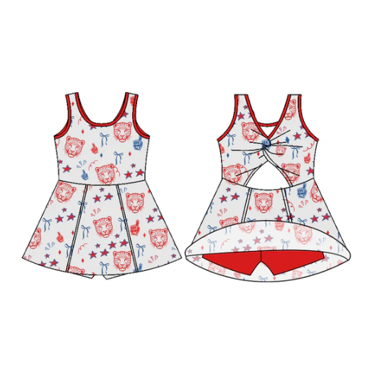7.11 Preorder (moq 5)Baby Girls Sleeveless Grey Leopard Bows Shorts Team Dresses