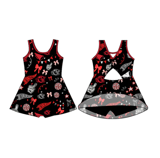 7.11 Preorder (moq 5)Baby Girls Sleeveless Black Wildcats Bows Shorts Team Dresses