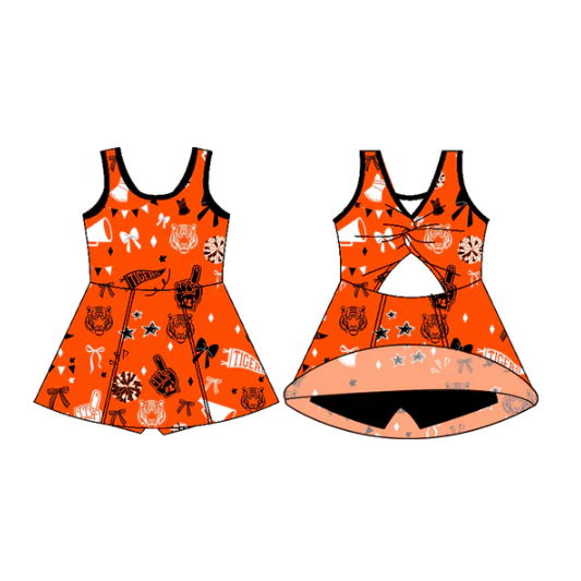 7.11 Preorder (moq 5)Baby Girls Sleeveless Orange Tiger Bows Shorts Team Dresses