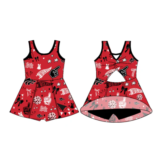 7.11 Preorder (moq 5)Baby Girls Sleeveless Red Wolves Bows Shorts Team Dresses