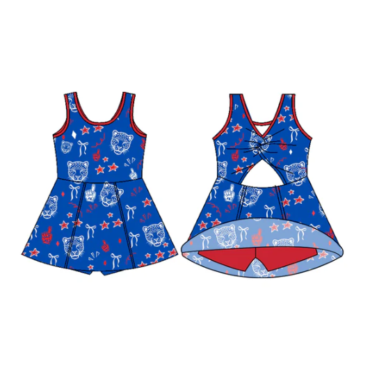 7.11 Preorder (moq 5)Baby Girls Sleeveless Blue Leopard Bows Shorts Team Dresses