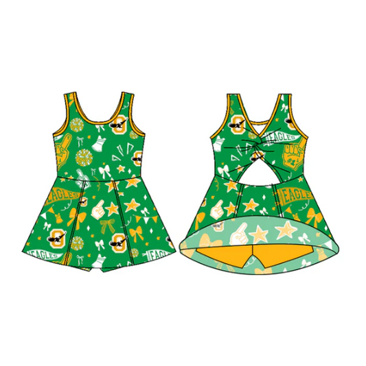 7.11Preorder (moq 5)Baby Girls Sleeveless Green Eagles Bows Shorts Team Dresses