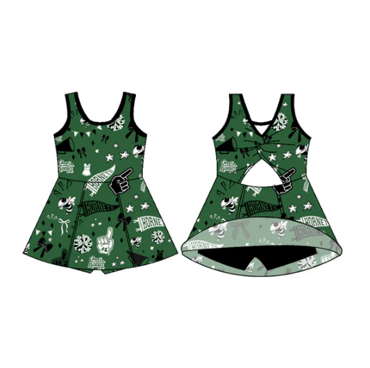 7.11 Preorder (moq 5)Baby Girls Sleeveless Green Hornets Bows Shorts Team Dresses