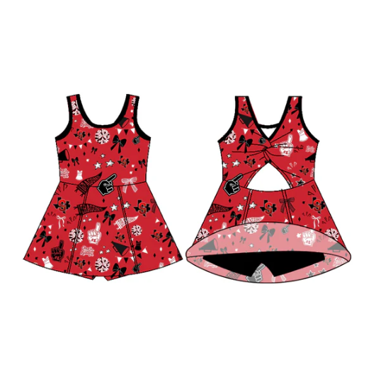 7.11 Preorder (moq 5)Baby Girls Sleeveless Red Dragons Bows Shorts Team Dresses