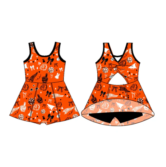 7.11 Preorder (moq 5)Baby Girls Sleeveless Orange Dogs Bows Shorts Team Dresses