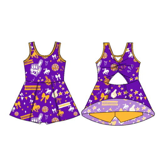 7.11 Preorder (moq 5)Baby Girls Sleeveless Purple Roughriders Bows Shorts Team Dresses