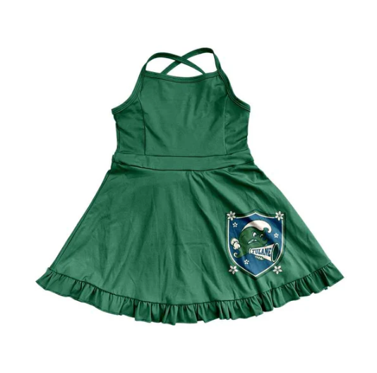 7.11 Preorder (moq 5)Baby Girls Green Strap Tulane Shorts Ruffle Team Knee Length Dresses