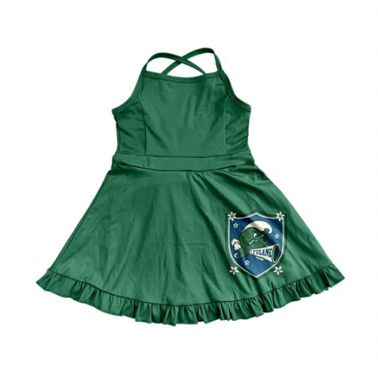 7.11 Preorder (moq 5)Baby Girls Green Strap Tulane Shorts Ruffle Team Knee Length Dresses
