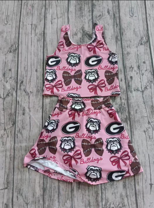 7.11 Preorder (moq 5)Baby Girls Sleeveless Bulldogs Bows Top Skorts Team Sets