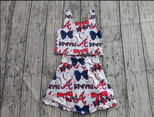 7.11 Preorder (moq 5)Baby Girls Sleeveless Braves Bows Top Skorts Team Sets