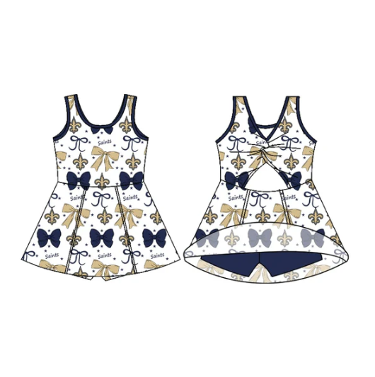 7.11 Preorder (moq 5)Baby Girls Sleeveless Saints Bows Shorts Team Knee Length Dresses