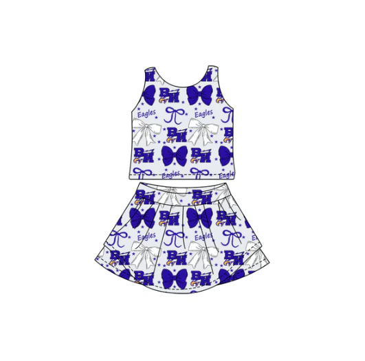7.11 Preorder (moq 5)Baby Girls Blue Bows Eagle team Top Skirt Skort Sets