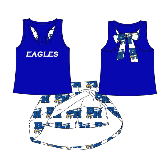 7.11 Preorder (moq 5)Baby Girls Blue Eagles bow vest team Top Skirt Skort Sets