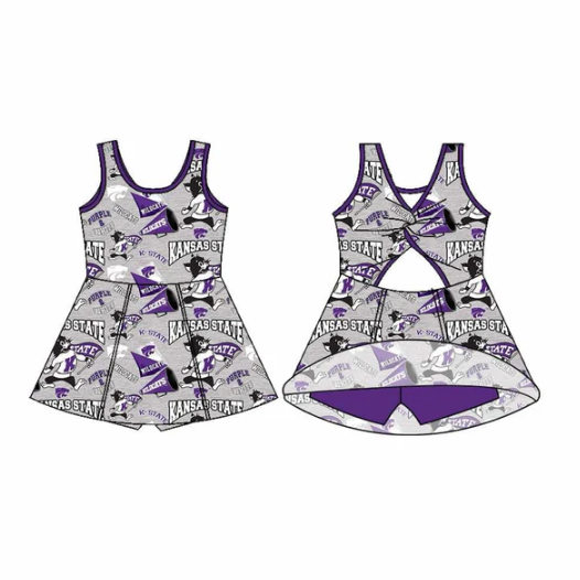 7.11 Preorder (moq 5)Baby Girls Sleeveless Kansas State Purple Bows Shorts Team Knee Length Dresses